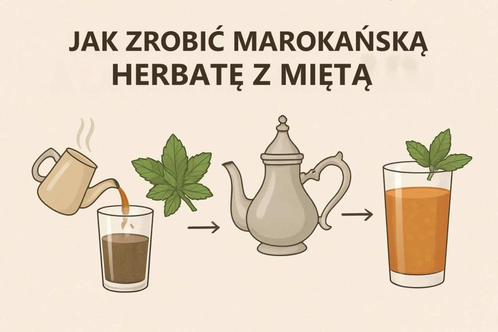 Jak zrobić tradycyjną marokańską herbatę miętową? Jak zrobić marokańską herbatę z miętą: ilustracja z dzbankiem, listkami mięty i szklanką