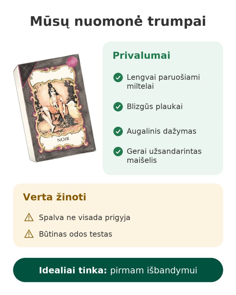 Mūsų nuomonė trumpai apie juodąją henos miltelių pakuotę 100 g, lengvai paruošiamą blizgiems plaukams