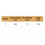 Größentabelle des marokkanischen Kaftans mit Brustumfang, Ärmellänge und Länge in Zentimetern