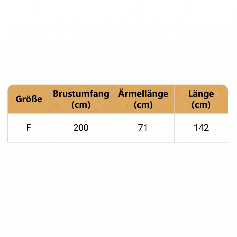 Größentabelle des marokkanischen Kaftans mit Brustumfang, Ärmellänge und Länge in Zentimetern