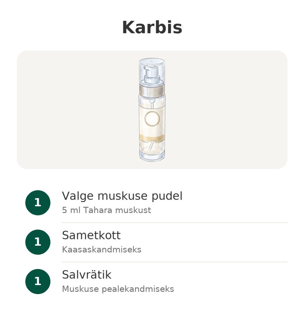 Karbis: 5 ml valge Tahara muskuse pudel intiimseks kasutuseks, sametkott ja salvrätik