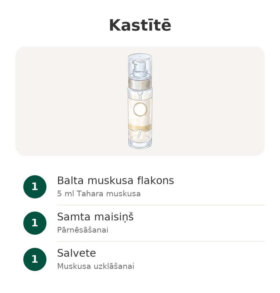 Kastītē: 5 ml baltā Tahara muskusa flakons intīmai lietošanai, samta maisiņš un salvete