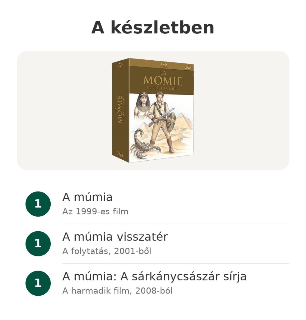 A készletben: A múmia trilógia Blu-ray 3D-n, az 1999-es, 2001-es és 2008-as három filmmel