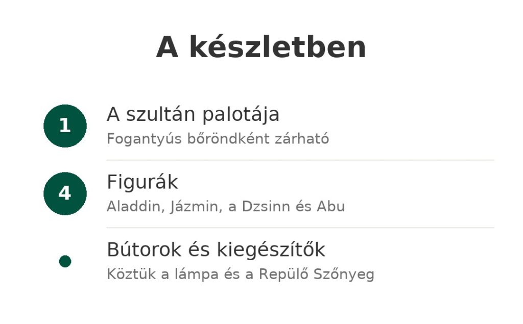 Aladdin és Jázmin készlet Disney Store A készletben: bőröndként zárható szultáni palota, négy Aladdin és Jázmin figura, bútorok és kiegészítők
