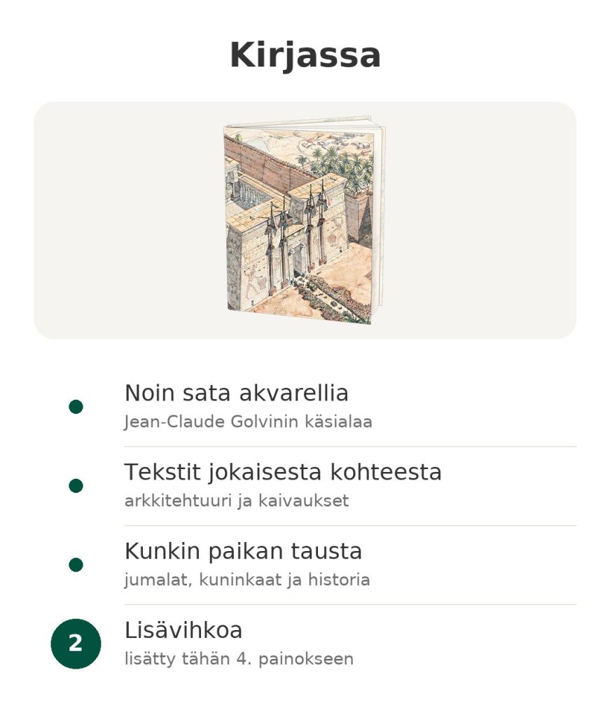 Kirja muinaisesta Egyptistä noin sadalla akvarellilla (Jean-Claude Golvin), teksteillä jokaisesta kohteesta ja historiallisella taustalla