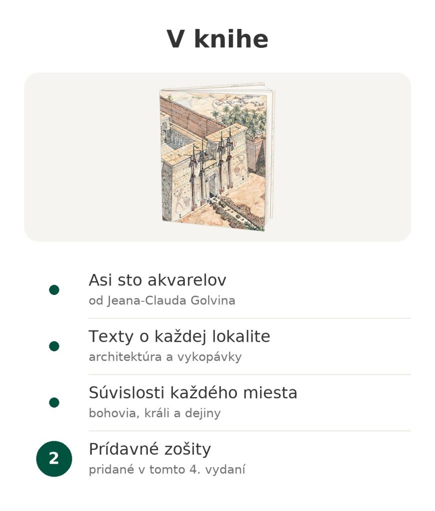 Kniha o starovekom Egypte s asi sto akvarelmi od Jeana-Clauda Golvina, textami o každej lokalite a historickým kontextom