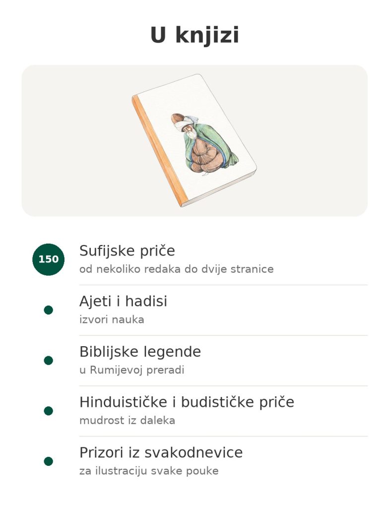 U knjizi – knjiga sufijskih priča Rumija : Sufijske priče; Ajeti i hadisi; Biblijske legende