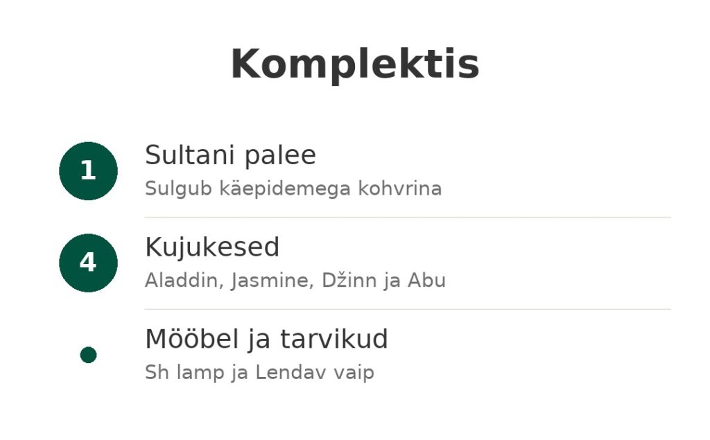 Komplektis: kohvrina sulguv Sultani palee, neli Aladdini ja Jasmine'i kujukest, mööbel ja tarvikud