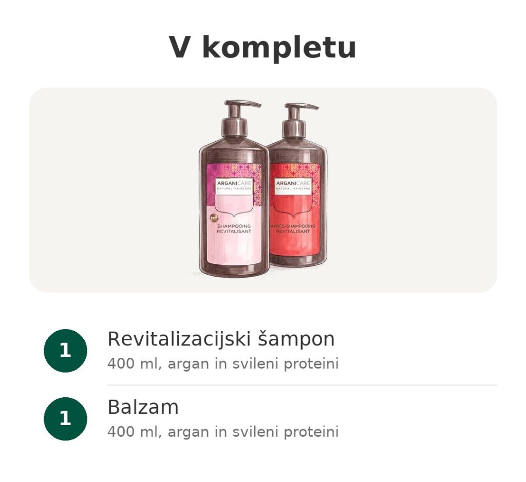 Komplet Arganicare z revitalizacijskim šamponom in balzamom po 400 ml, z arganom in svilenimi proteini