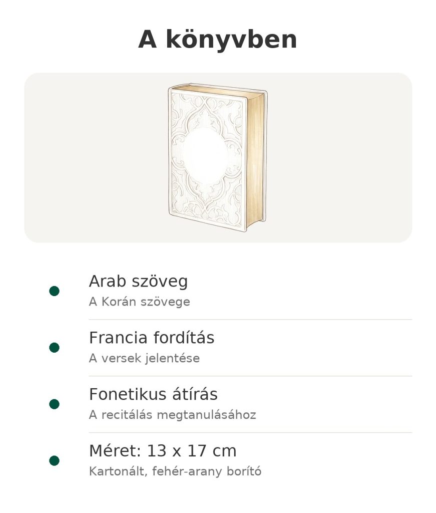 A könyvben: Albouraq Korán arab szöveggel, francia fordítással és fonetikus átírással, 13 x 17 cm, fehér-arany borító