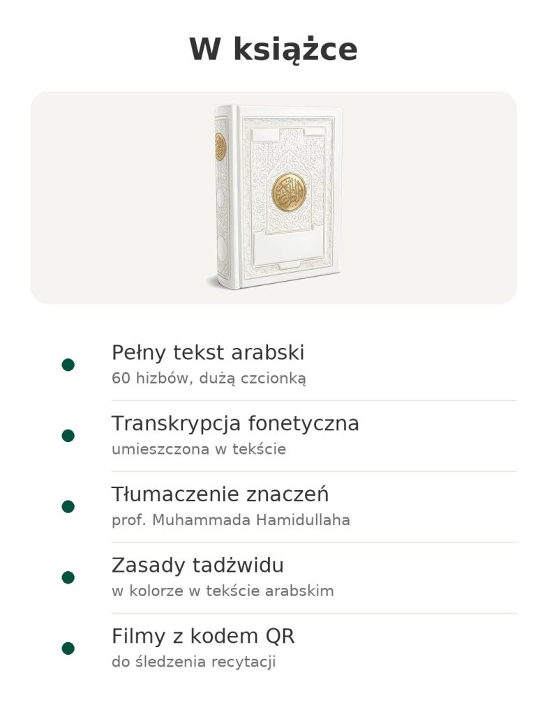 Zawartość książki: Koran z transkrypcją fonetyczną, z wykazem najważniejszych treści
