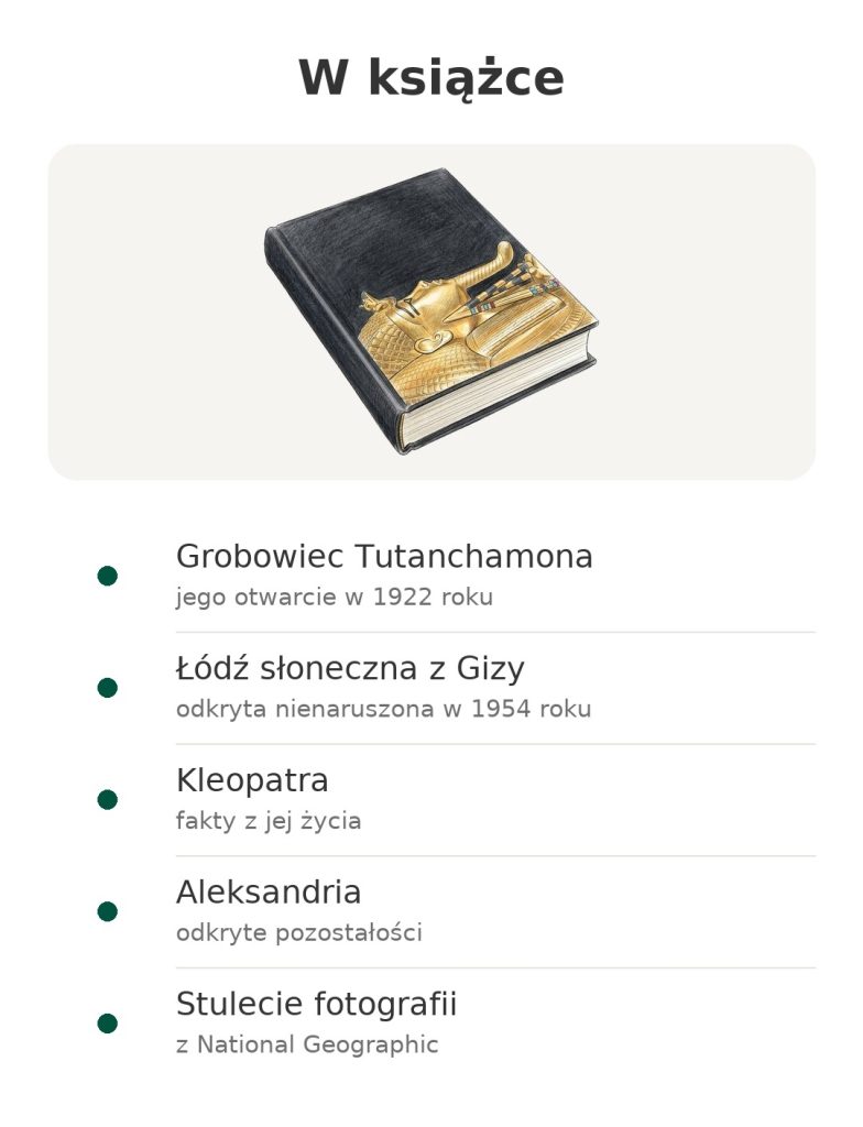 Zawartość książki o starożytnym Egipcie: grobowiec Tutanchamona, łódź słoneczna z Gizy, Kleopatra, Aleksandria i zdjęcia National Geographic