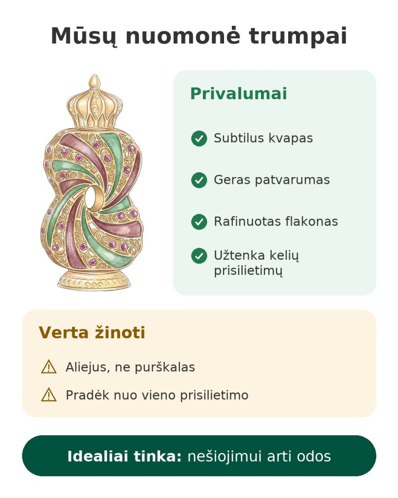 Mūsų nuomonė trumpai apie kvapnųjį aliejų Al Haramain Tanasuk rafinuotame auksiniame flakone