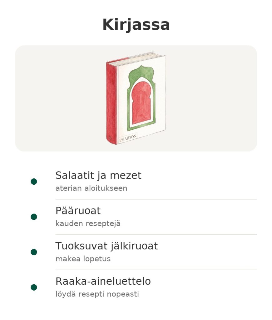 Kirjassa – libanonilainen keittokirja Phaidon : Salaatit ja mezet; Pääruoat; Tuoksuvat jälkiruoat