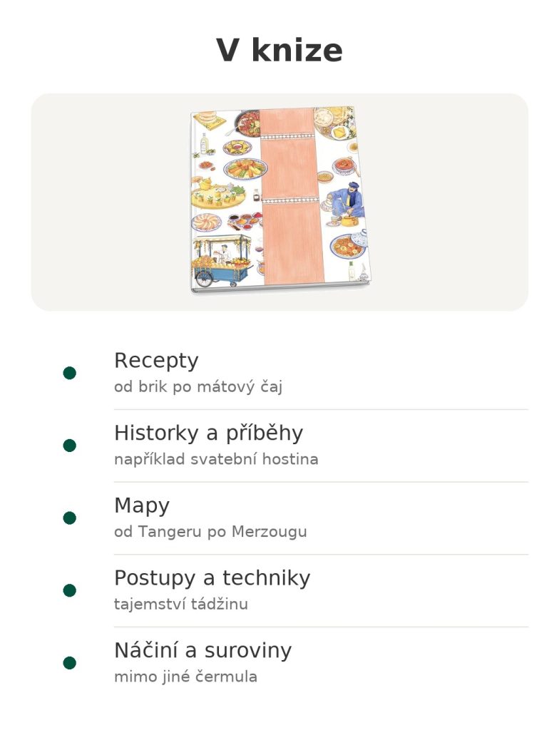 V knize – marocká kuchařka : Recepty; Historky a příběhy; Mapy