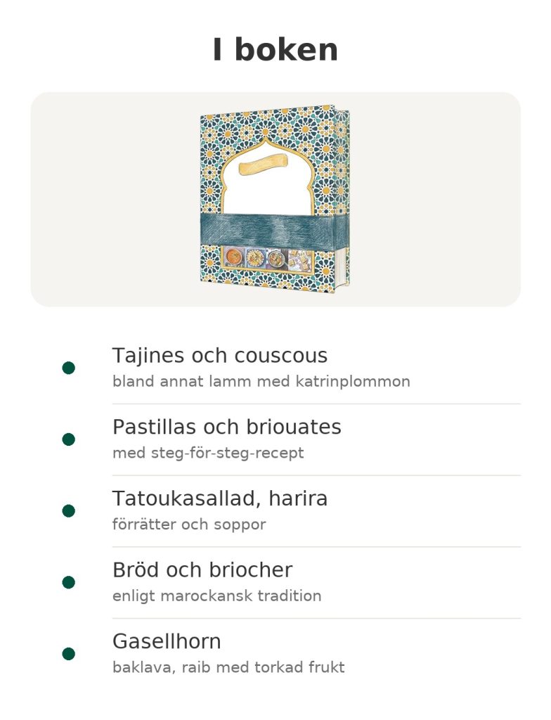 I boken: marockansk kokbok med tajines, couscous, pastillas, bröd och bakverk med apelsinblom