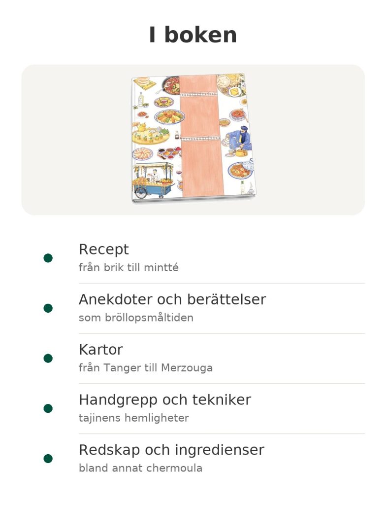 I boken – marockansk kokbok : Recept; Anekdoter och berättelser; Kartor