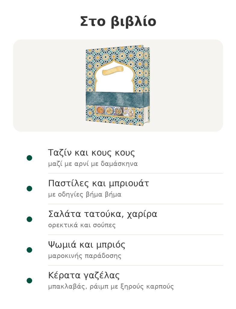 Στο βιβλίο: μαροκινή κουζίνα με ταζίν, κους κους, παστίλες, ψωμιά και γλυκά με νερό πορτοκαλανθού
