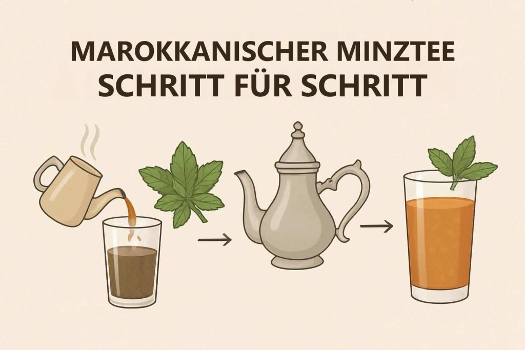 Wie gelingt der traditionelle marokkanische Minztee? Anleitung für marokkanischen Minztee Schritt für Schritt mit Teekanne, Minzblättern und Glas