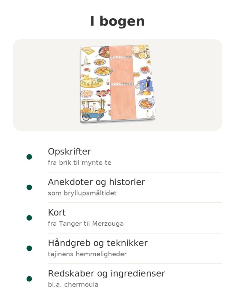 I bogen – marokkansk kogebog : Opskrifter; Anekdoter og historier; Kort