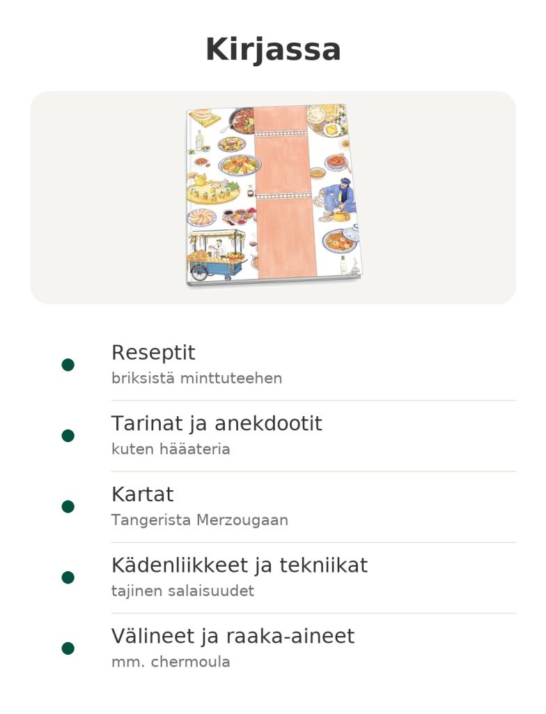 Kirjassa – marokkolainen keittokirja : Reseptit; Tarinat ja anekdootit; Kartat