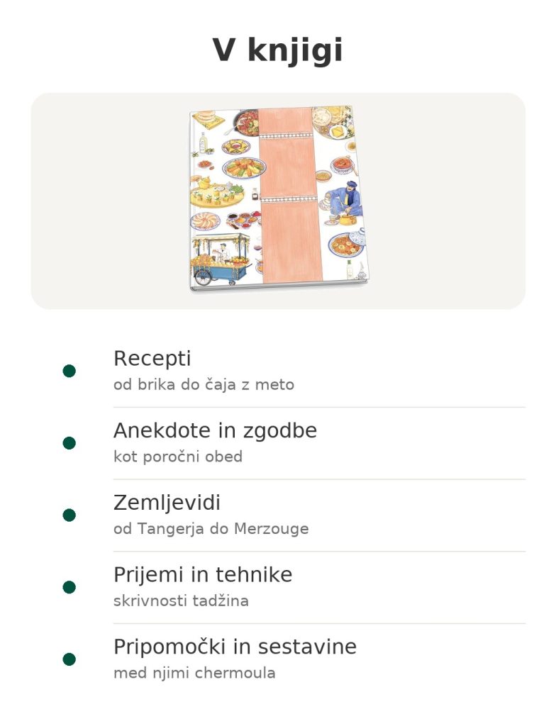 Knjiga Ilustrirana maroška kuhinja avtorice Paprikas V knjigi – maroška kuharska knjiga : Recepti; Anekdote in zgodbe; Zemljevidi