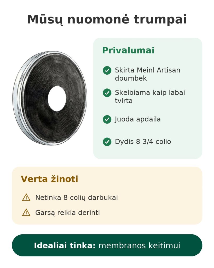 Mūsų nuomonė trumpai apie Meinl Artisan membraną doumbek 8 3/4 – privalumai, ką žinoti ir kam tinka