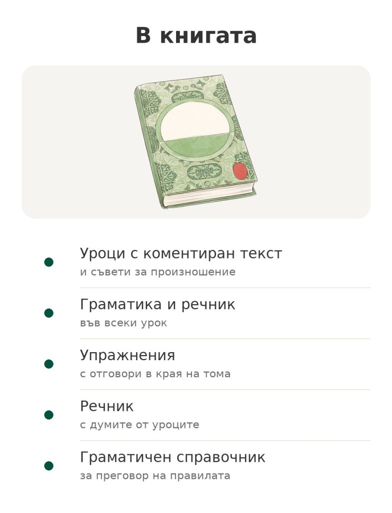 В книгата: метод за изучаване на арабски с уроци, упражнения, речник и граматичен справочник