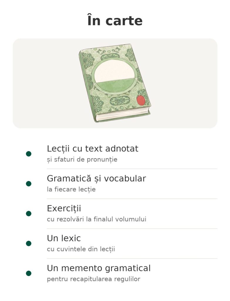 În carte: metodă de învățare a limbii arabe cu lecții, exerciții, lexic și memento gramatical