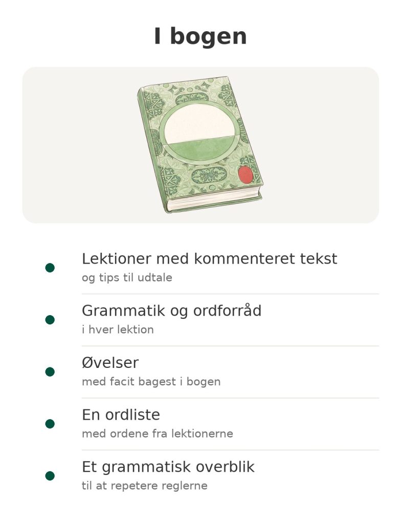 I bogen: metode til at lære arabisk med lektioner, øvelser, ordliste og grammatisk overblik