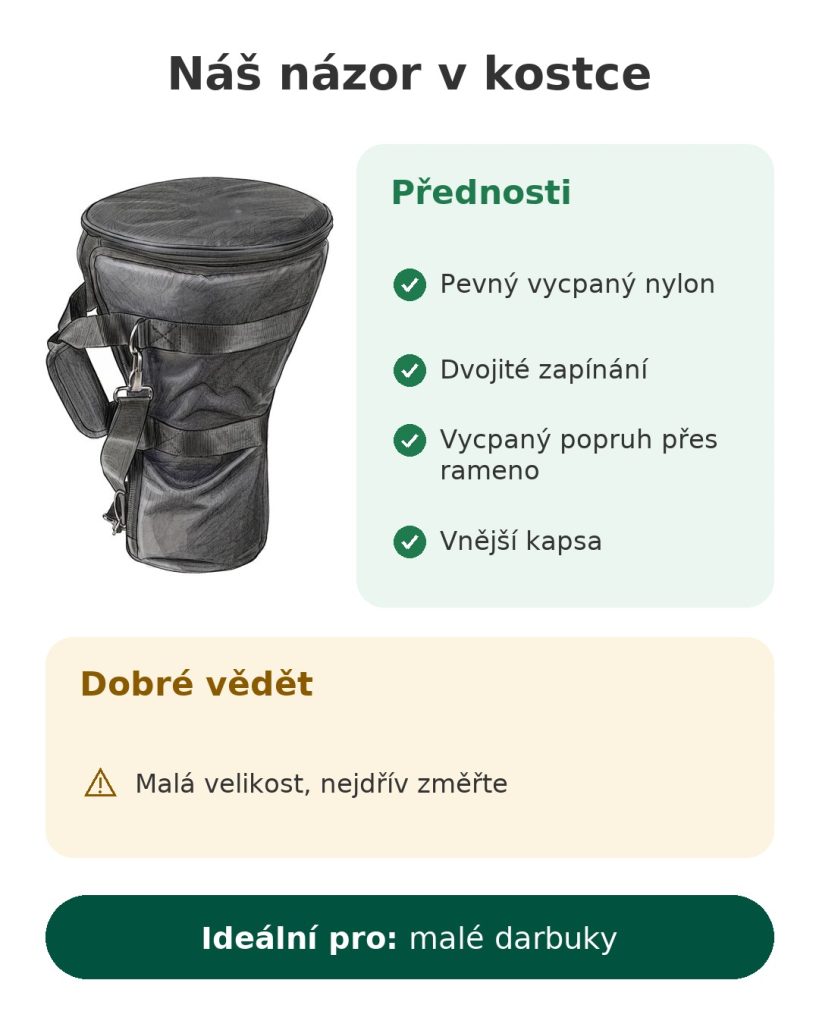 Náš názor v kostce na obal na darbuku z vycpaného nylonu s dvojitým zapínáním a popruhem přes rameno