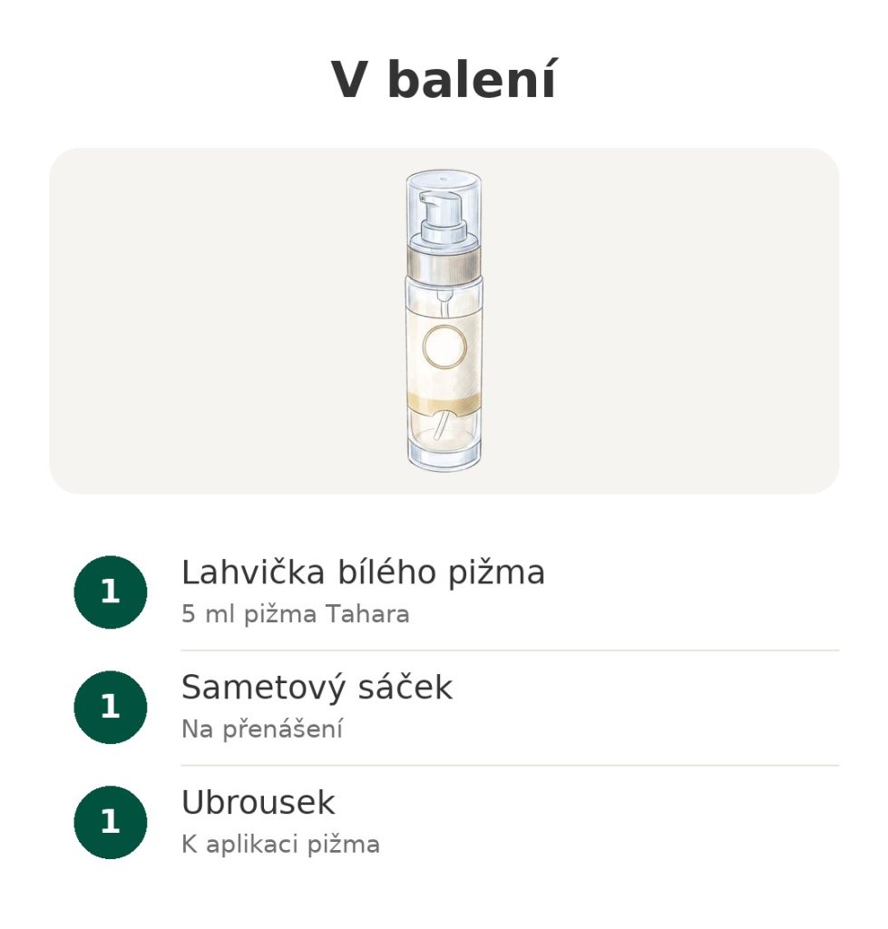 V balení: lahvička 5 ml bílého pižma Tahara pro intimní hygienu, sametový sáček a ubrousek