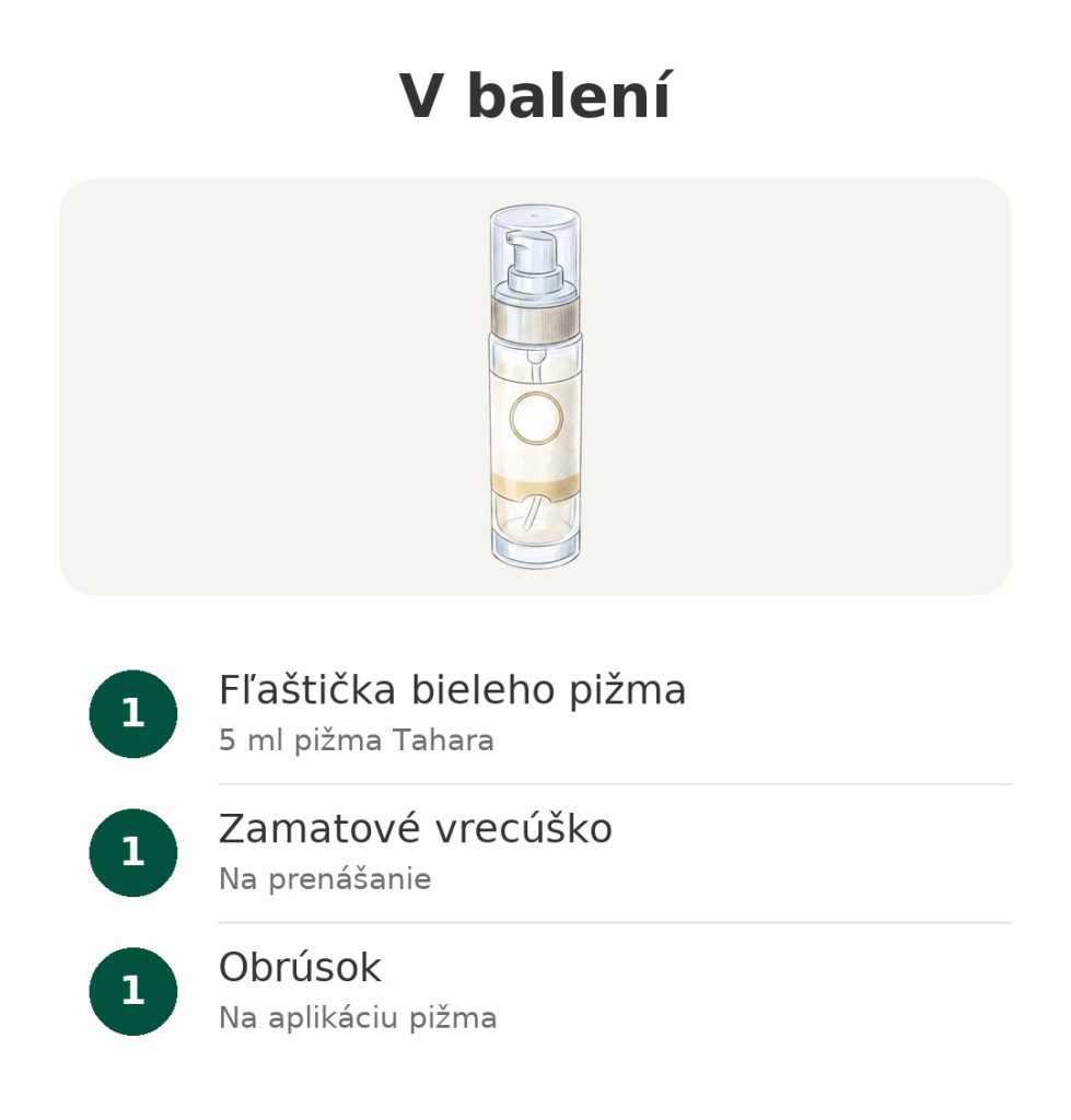 V balení: fľaštička 5 ml bieleho pižma Tahara pre intímnu hygienu, zamatové vrecúško a obrúsok