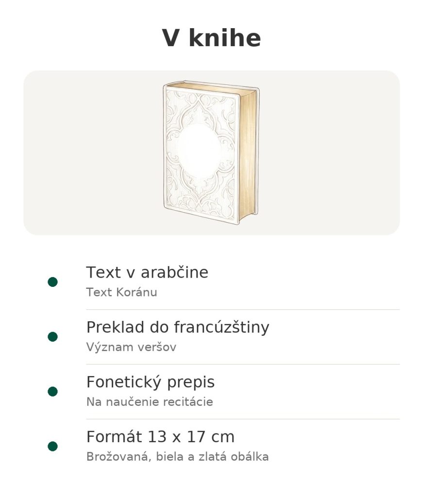 V knihe: Korán Albouraq s arabským textom, francúzskym prekladom a fonetickým prepisom, formát 13 x 17 cm, bielozlatá obálka