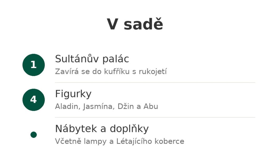 V sadě: Sultánův palác zavíratelný do kufříku, čtyři figurky Aladina a Jasmíny, nábytek a doplňky