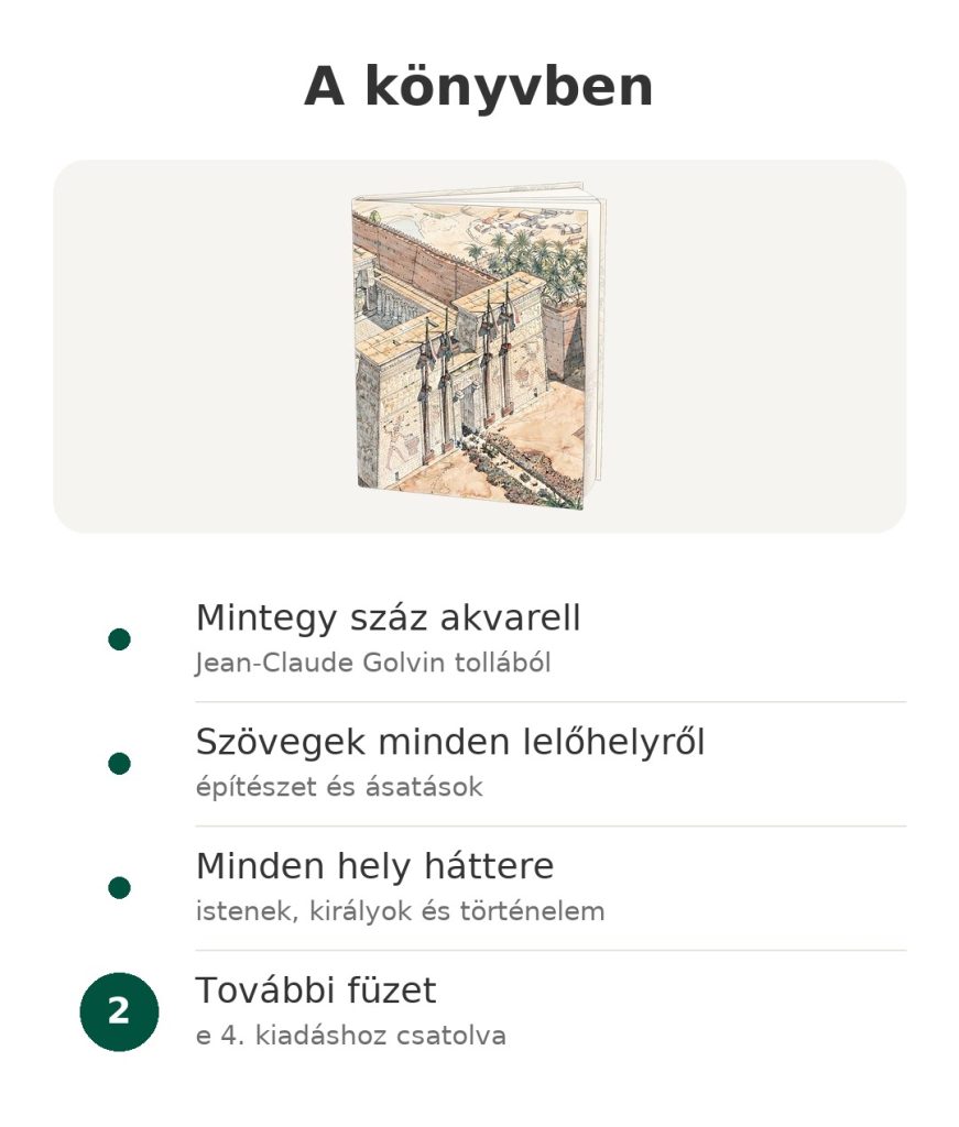 Könyv az ókori Egyiptomról mintegy száz akvarellel (Jean-Claude Golvin), szövegekkel minden lelőhelyről és történelmi háttérrel