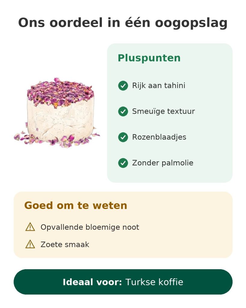 Ons oordeel in één oogopslag over Turkse halva met tahini en rozenblaadjes: pluspunten en goed om te weten