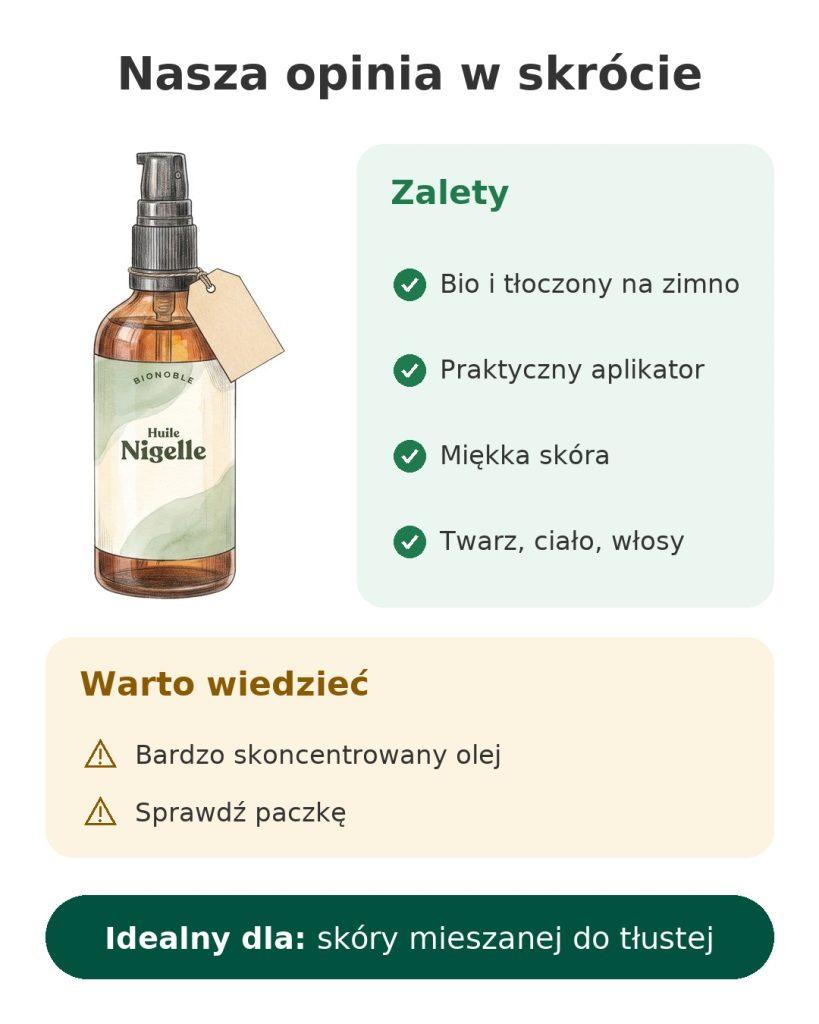 Nasza opinia w skrócie o oleju z czarnuszki bio tłoczonym na zimno do twarzy, ciała i włosów