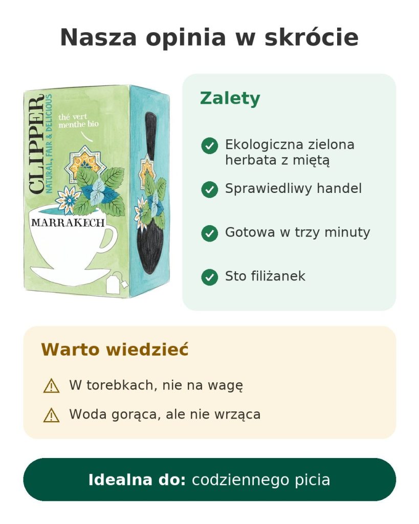 Herbata Clipper Marrakech zielona z miętą bio, zestaw 5 sztuk Nasza opinia w skrócie o ekologicznej zielonej herbacie z miętą Clipper Marrakech: zalety i warto wiedzieć