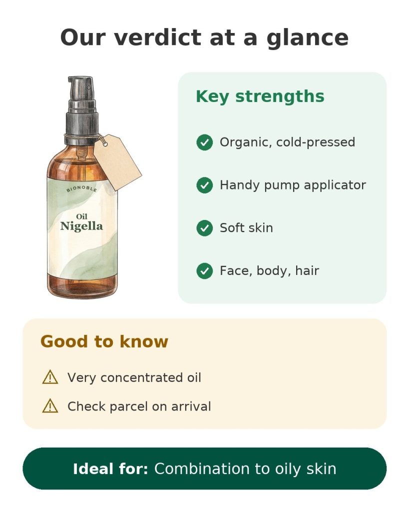 Bionoble Nigella Oil for Hair and Face Organic cold-pressed black seed nigella hair oil with pump, our verdict at a glance with strengths and tips
