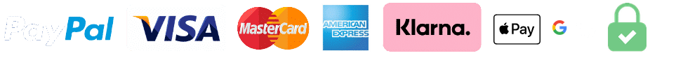 Pago seguro con PayPal, Visa, Mastercard, American Express, Klarna, Apple Pay y Google Pay