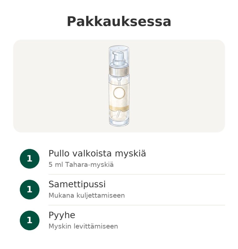 Pakkauksessa: 5 ml pullo valkoista Tahara-myskiä intiimialueelle, samettipussi ja pyyhe