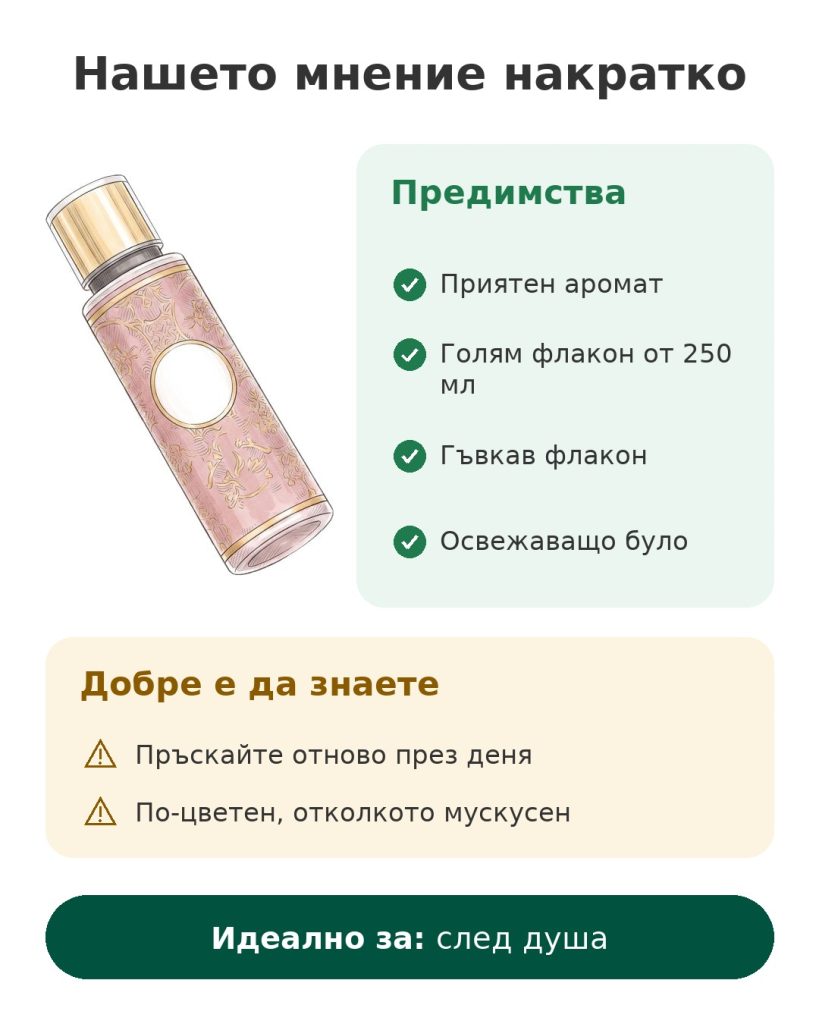 Нашето мнение накратко за парфюмната мъгла с мускус Tahara, флакон от 250 мл