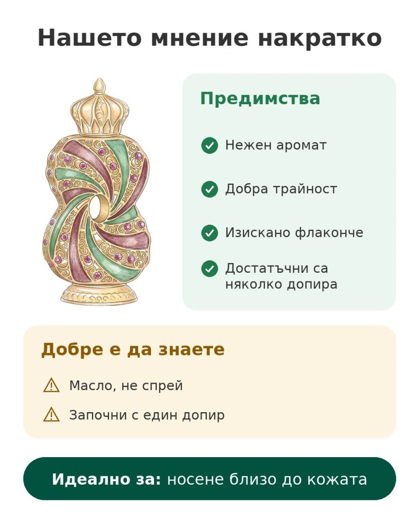 Нашето мнение накратко за парфюмното масло Al Haramain Tanasuk в изискано златисто флаконче