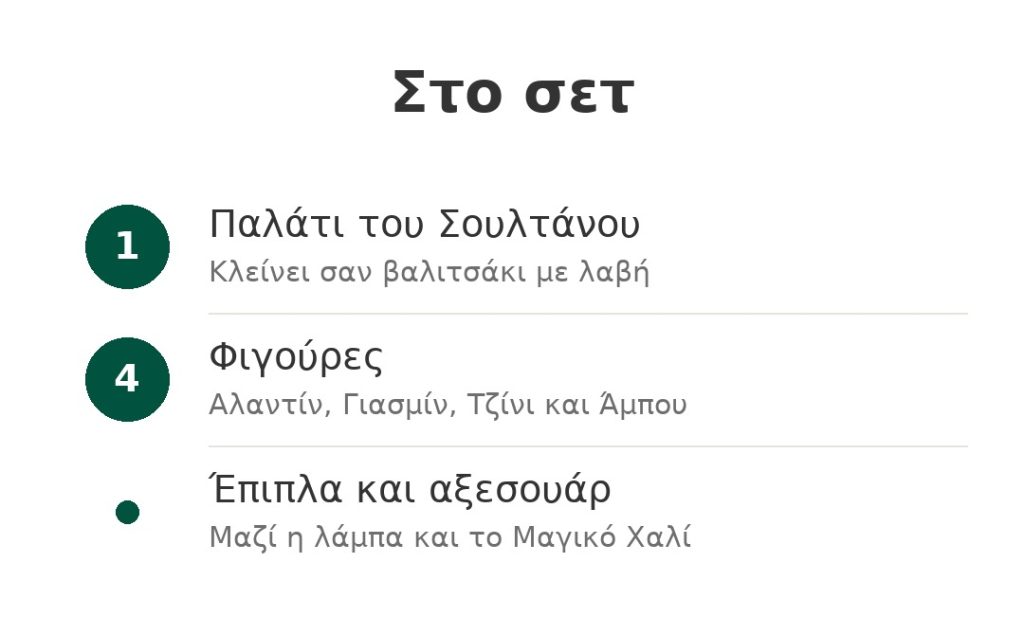 Στο σετ: παλάτι του Σουλτάνου που κλείνει σαν βαλιτσάκι, τέσσερις φιγούρες Αλαντίν και Γιασμίν, έπιπλα και αξεσουάρ