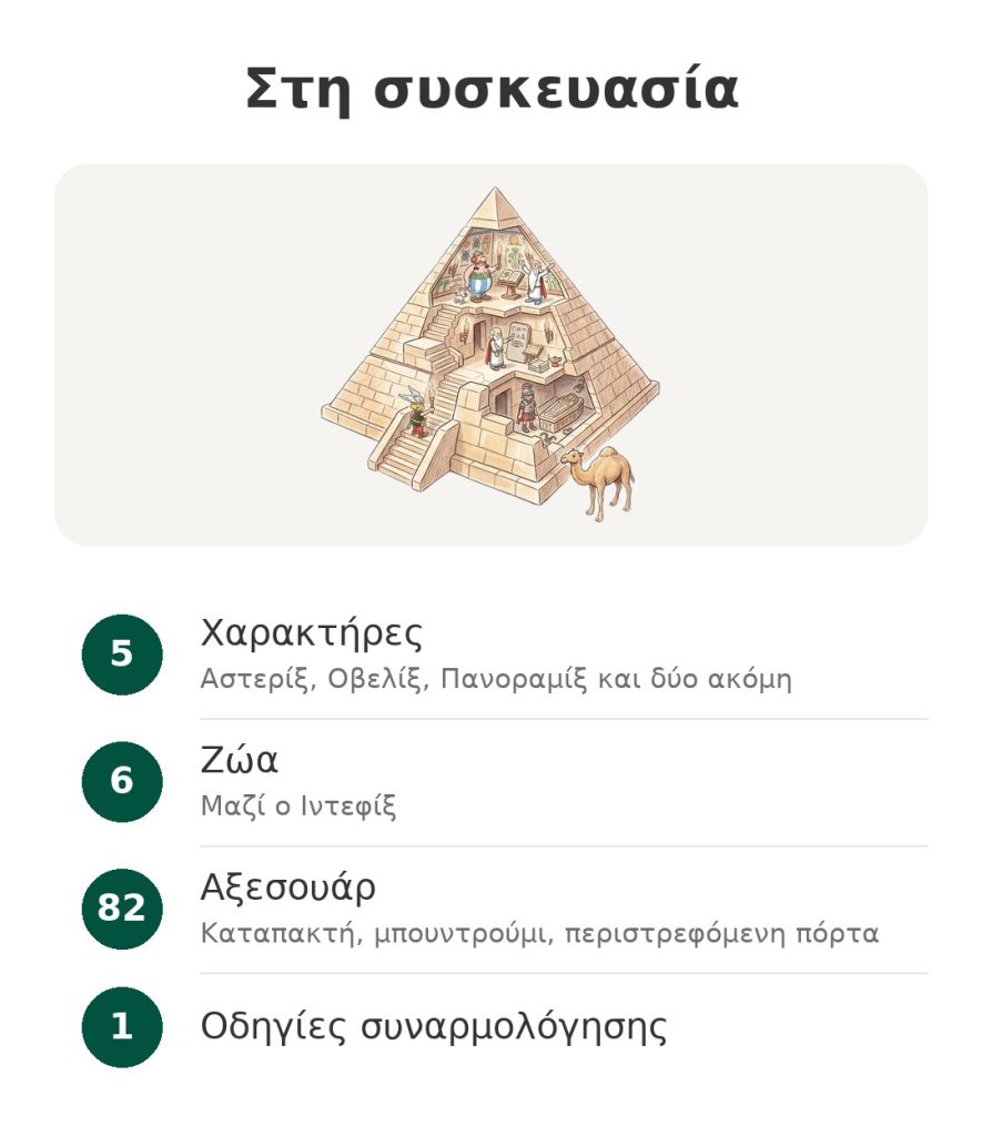 Στη συσκευασία: Playmobil Αστερίξ με πυραμίδα, 5 χαρακτήρες, 6 ζώα, 82 αξεσουάρ και οδηγίες συναρμολόγησης