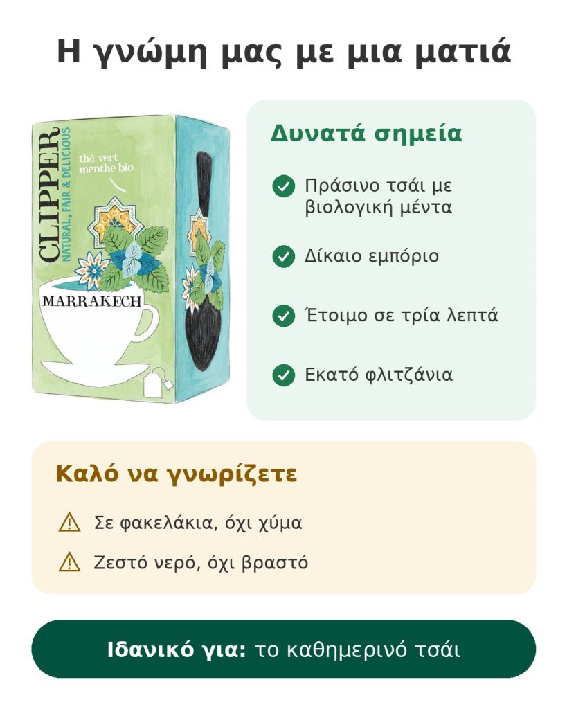 Τσάι Clipper Marrakech, πράσινο με δυόσμο, βιολογικό, σετ των 5 Η γνώμη μας με μια ματιά για πράσινο τσάι με βιολογική μέντα Clipper Marrakech