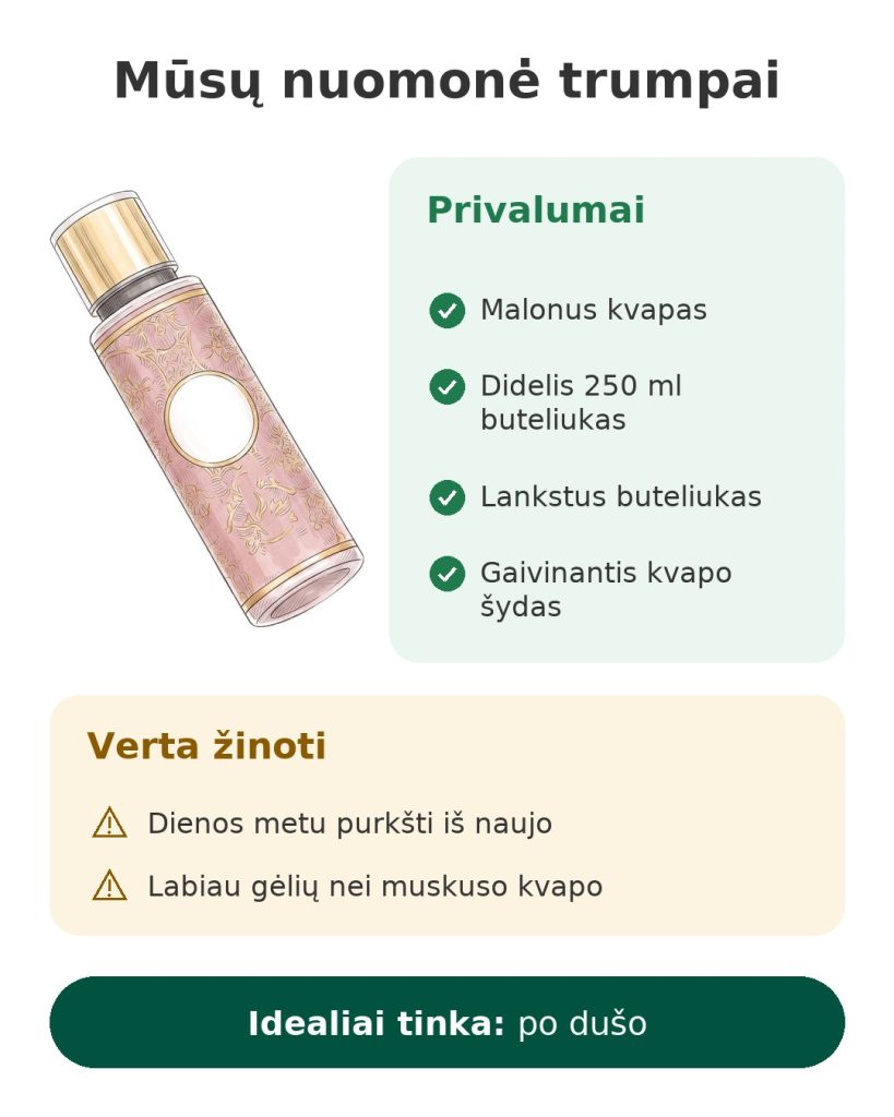 Mūsų nuomonė trumpai apie kvapųjį purškalą su muskusu Tahara, 250 ml buteliuką