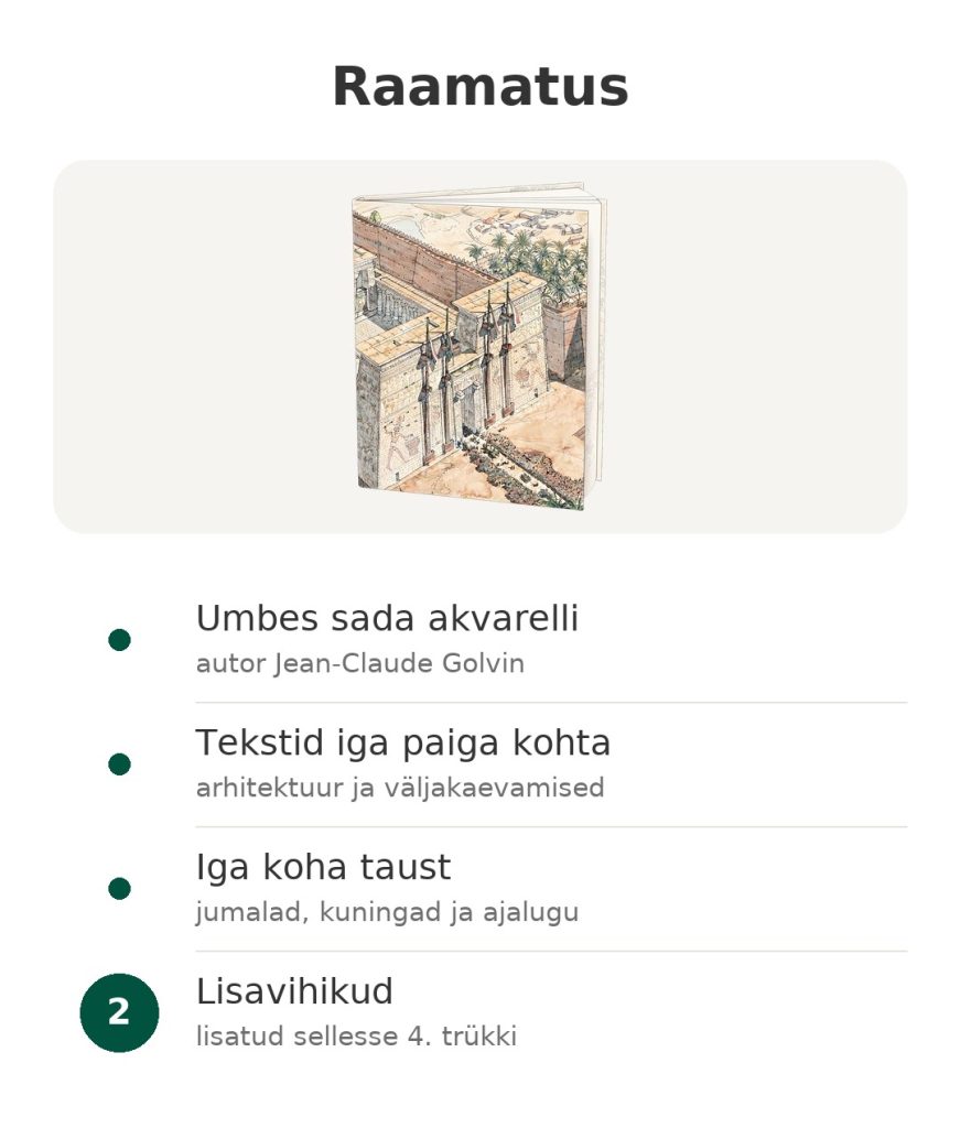 Raamat Vana-Egiptusest umbes saja akvarelliga (autor Jean-Claude Golvin), tekstidega iga paiga kohta ja ajaloolise taustaga