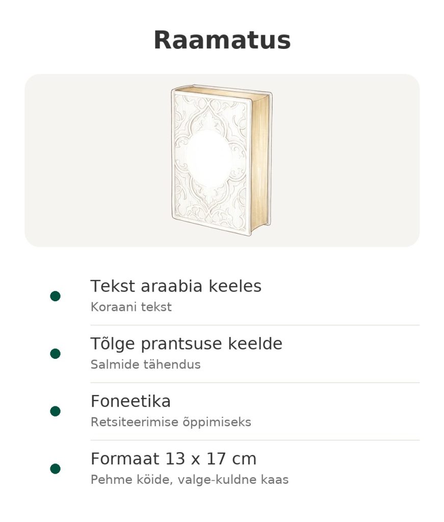 Raamatus: Albouraq Koraan araabia teksti, prantsuskeelse tõlke ja foneetikaga, formaat 13 x 17 cm, valge-kuldne kaas